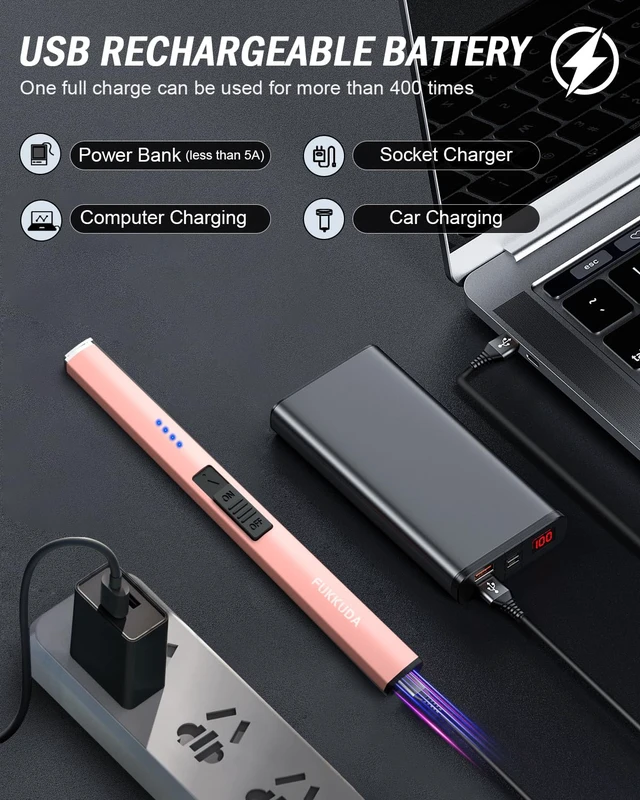 Alt view image 4 of 6 - FUKKUDA Electric Candle Lighter with Safety Switch, USB Rechargeable Windproof Flameless Plasma Arc Lighter - Rose Gold