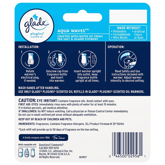 Alt view image 4 of 6 - Glade PlugIns Refills Air Freshener, Aqua Waves, Scented and Essential Oils, 1.34 Fl Oz, 2 Count