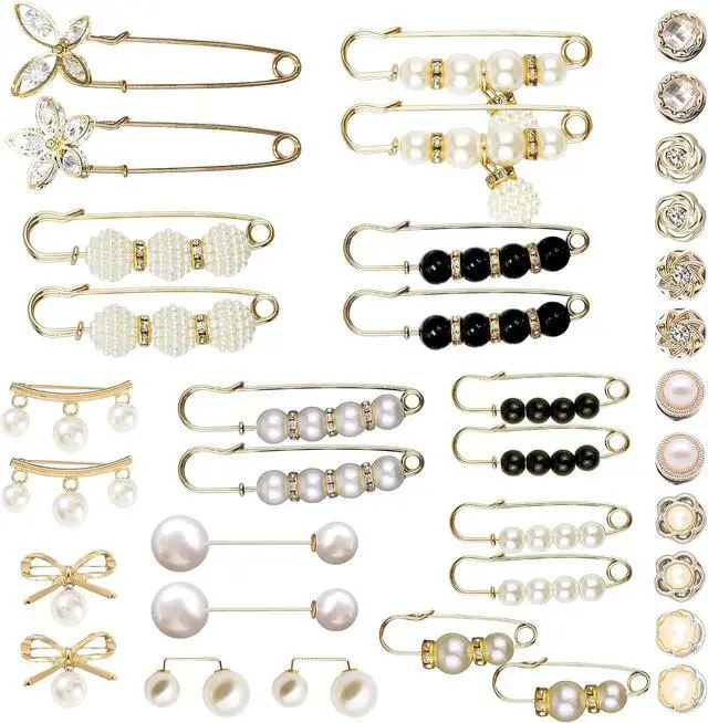 Main image of 36 Pieces Crystal Pearl Brooch Safety Pins Pant Waist Tightener Pins Button Pins for Clothes Sweater Shawl Collar Dress Cardigan Shirt Jeans Decoration Accessories for Women Girls