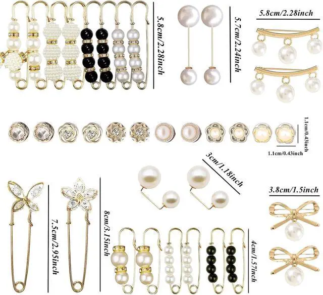 Alt view image 4 of 6 - 36 Pieces Crystal Pearl Brooch Safety Pins Pant Waist Tightener Pins Button Pins for Clothes Sweater Shawl Collar Dress Cardigan Shirt Jeans Decoration Accessories for Women Girls