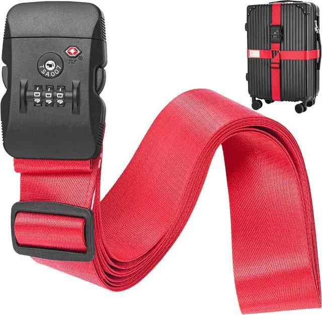 Main image of BlueCosto - Luggage Strap with TSA Lock - 7 to 13 ft Adjustable, Bright Red - TSA Approved Suitcase Security Belt with 3 Digit Combination Locking - 2" Wide Heavy Duty Baggage Strap for Secure Travel