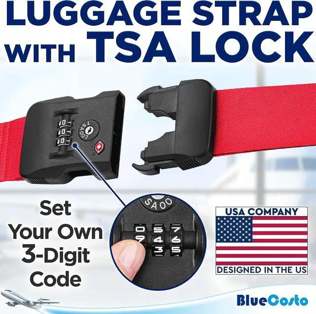 Alt view image 2 of 7 - BlueCosto - Luggage Strap with TSA Lock - 7 to 13 ft Adjustable, Bright Red - TSA Approved Suitcase Security Belt with 3 Digit Combination Locking - 2" Wide Heavy Duty Baggage Strap for Secure Travel