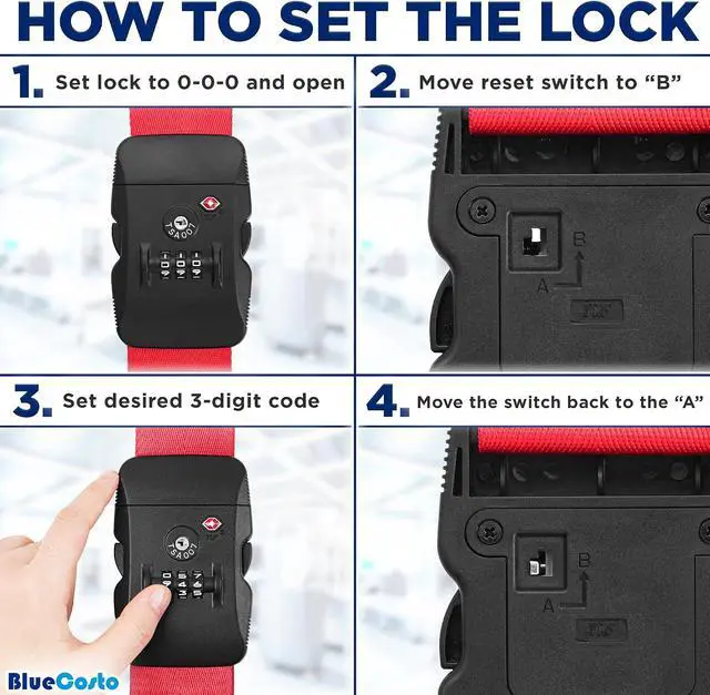 Alt view image 4 of 7 - BlueCosto - Luggage Strap with TSA Lock - 7 to 13 ft Adjustable, Bright Red - TSA Approved Suitcase Security Belt with 3 Digit Combination Locking - 2" Wide Heavy Duty Baggage Strap for Secure Travel