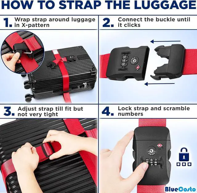 Alt view image 5 of 7 - BlueCosto - Luggage Strap with TSA Lock - 7 to 13 ft Adjustable, Bright Red - TSA Approved Suitcase Security Belt with 3 Digit Combination Locking - 2" Wide Heavy Duty Baggage Strap for Secure Travel