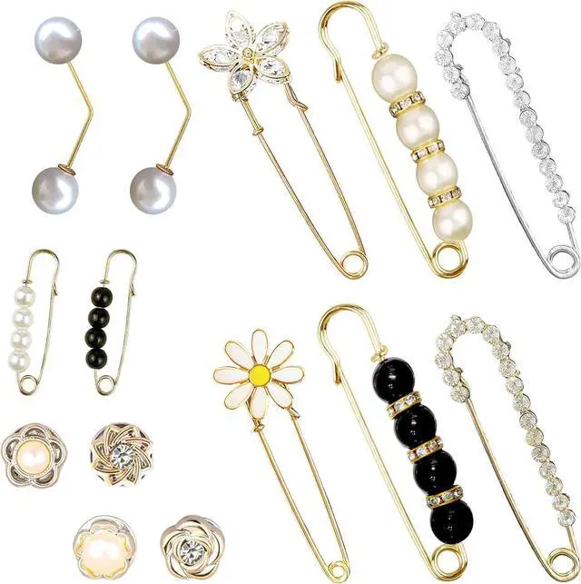 Main image of 14 Pieces Brooch Safety Pins Pearl Brooch Button Pin Pant Waist Tightener Pins for Clothes Sweater Shawl Collar Dress Cardigan Shirt Jeans Accessories for Women Girls