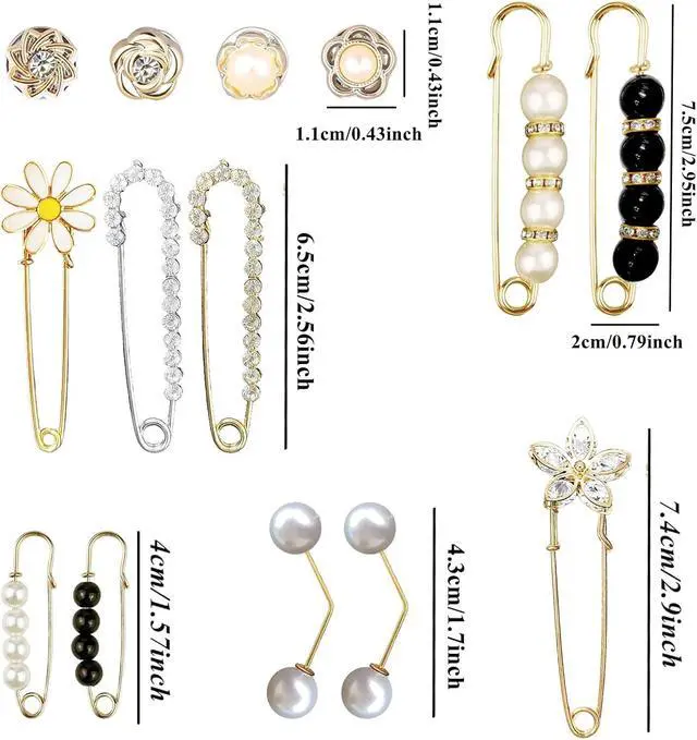 Alt view image 4 of 6 - 14 Pieces Brooch Safety Pins Pearl Brooch Button Pin Pant Waist Tightener Pins for Clothes Sweater Shawl Collar Dress Cardigan Shirt Jeans Accessories for Women Girls