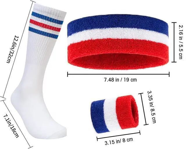 Alt view image 2 of 7 - Striped Sweatbands Set, Sports Headband and Wristbands Sweatbands Colorful Cotton Striped Sweatband Set American Flag Style for Men and Women