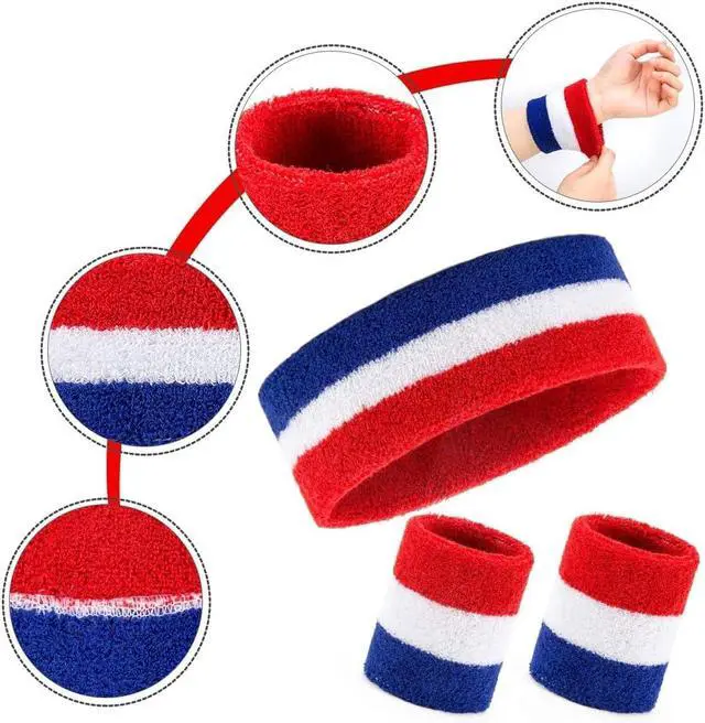 Alt view image 4 of 7 - Striped Sweatbands Set, Sports Headband and Wristbands Sweatbands Colorful Cotton Striped Sweatband Set American Flag Style for Men and Women