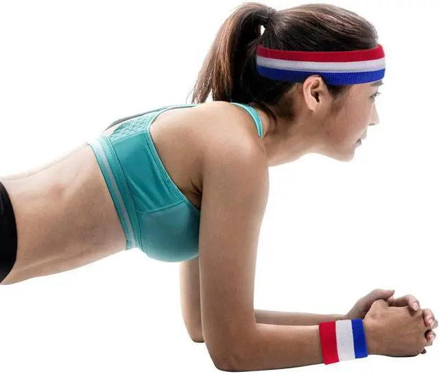 Alt view image 6 of 7 - Striped Sweatbands Set, Sports Headband and Wristbands Sweatbands Colorful Cotton Striped Sweatband Set American Flag Style for Men and Women