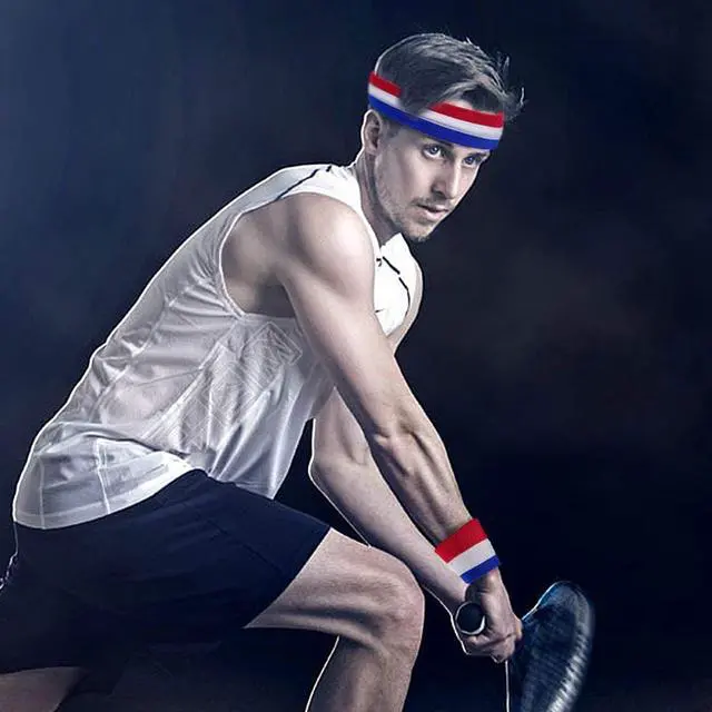 Alt view image 7 of 7 - Striped Sweatbands Set, Sports Headband and Wristbands Sweatbands Colorful Cotton Striped Sweatband Set American Flag Style for Men and Women