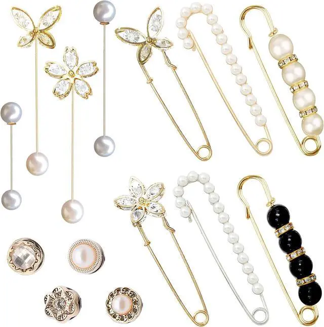 Main image of 14 Pieces Brooch Safety Pins Pearl Brooch Button Pin Pant Waist Tightener Pins for Clothes Sweater Shawl Collar Dress Cardigan Shirt Jeans Accessories for Women Girls