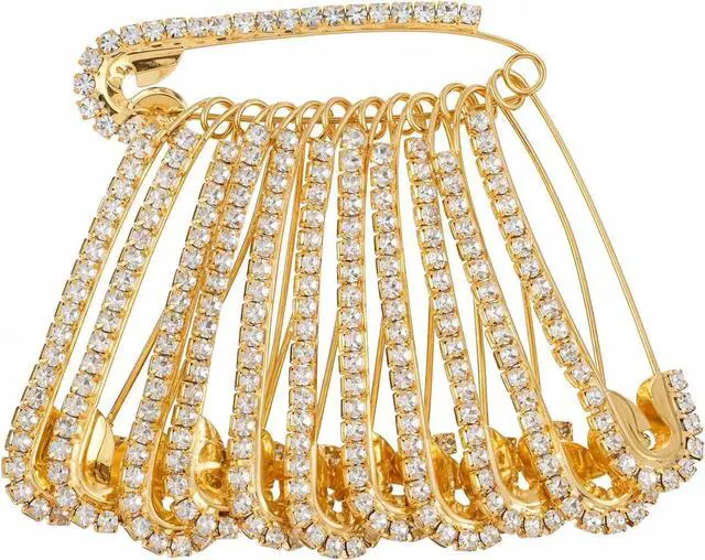 Main image of 12 PCS Fancy Safety Pins, Rhinestone Gold and Sliver Safety Pins Large, Decorative Brooch Pins for Clothing, Women Crystal Brooch Pin for Clothes Hats Shawl