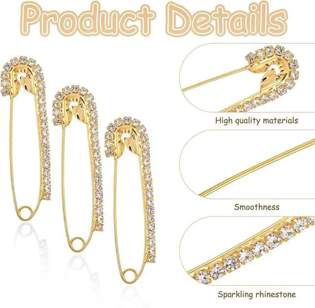 Alt view image 3 of 7 - 12 PCS Fancy Safety Pins, Rhinestone Gold and Sliver Safety Pins Large, Decorative Brooch Pins for Clothing, Women Crystal Brooch Pin for Clothes Hats Shawl