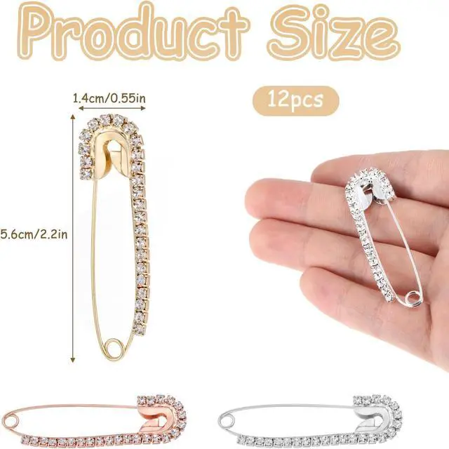 Alt view image 2 of 7 - 12 PCS Fancy Safety Pins, Rhinestone Gold and Sliver Safety Pins Large, Decorative Brooch Pins for Clothing, Women Crystal Brooch Pin for Clothes Hats Shawl