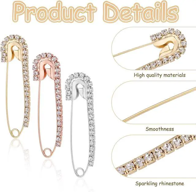 Alt view image 3 of 7 - 12 PCS Fancy Safety Pins, Rhinestone Gold and Sliver Safety Pins Large, Decorative Brooch Pins for Clothing, Women Crystal Brooch Pin for Clothes Hats Shawl