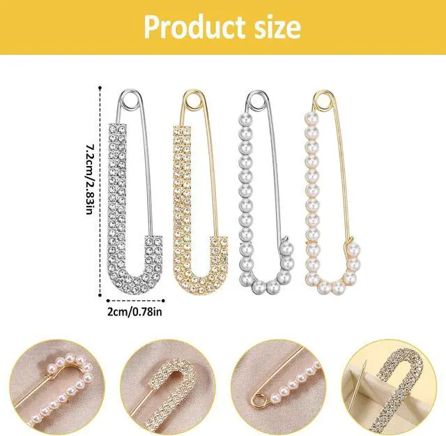 Alt view image 2 of 7 - Safety Pin Brooch Decorative Brooch Pins for Women Clothing | Crystal Shawl Brooches for Women Shawl Shirt Dress Clips Pearl Pins Jewelry Sweater Clips Gold Silver