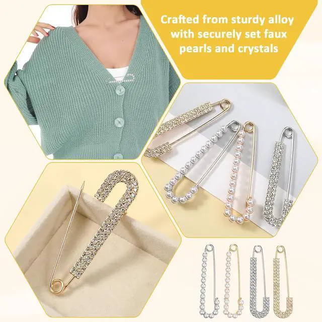 Alt view image 3 of 7 - Safety Pin Brooch Decorative Brooch Pins for Women Clothing | Crystal Shawl Brooches for Women Shawl Shirt Dress Clips Pearl Pins Jewelry Sweater Clips Gold Silver