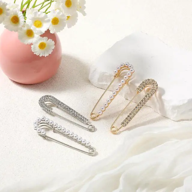 Alt view image 7 of 7 - Safety Pin Brooch Decorative Brooch Pins for Women Clothing | Crystal Shawl Brooches for Women Shawl Shirt Dress Clips Pearl Pins Jewelry Sweater Clips Gold Silver