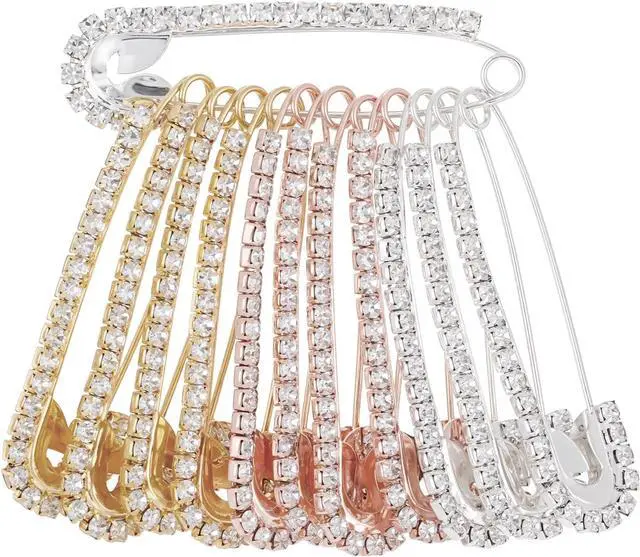 Main image of 12 PCS Fancy Safety Pins, Rhinestone Gold and Sliver Safety Pins Large, Decorative Brooch Pins for Clothing, Women Crystal Brooch Pin for Clothes Hats Shawl