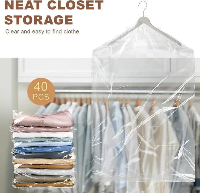 Alt view image 5 of 7 - Gretchin 40 Pack Garment Bags - Set of 40, 60x90cm Plastic Dry Cleaning Bags for Hanging Clothes Storage