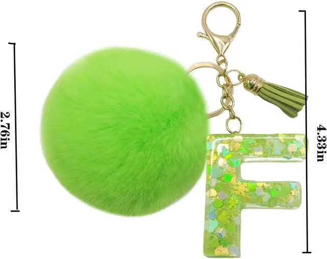 Alt view image 2 of 5 - Initial Letter Keychain With Green Fur Ball Pom for Women Tassel Butterfly Keyring for Purse Handbag Car Keys