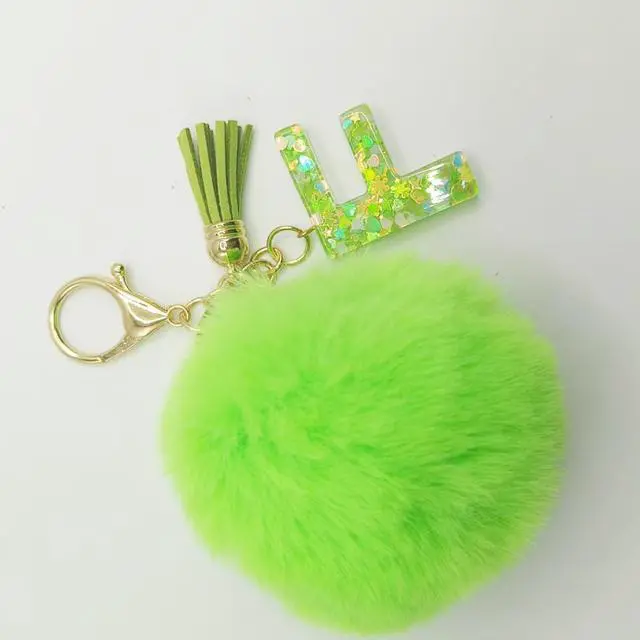 Alt view image 3 of 5 - Initial Letter Keychain With Green Fur Ball Pom for Women Tassel Butterfly Keyring for Purse Handbag Car Keys