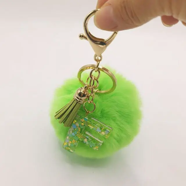 Alt view image 4 of 5 - Initial Letter Keychain With Green Fur Ball Pom for Women Tassel Butterfly Keyring for Purse Handbag Car Keys