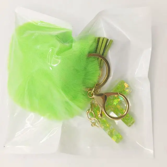 Alt view image 5 of 5 - Initial Letter Keychain With Green Fur Ball Pom for Women Tassel Butterfly Keyring for Purse Handbag Car Keys