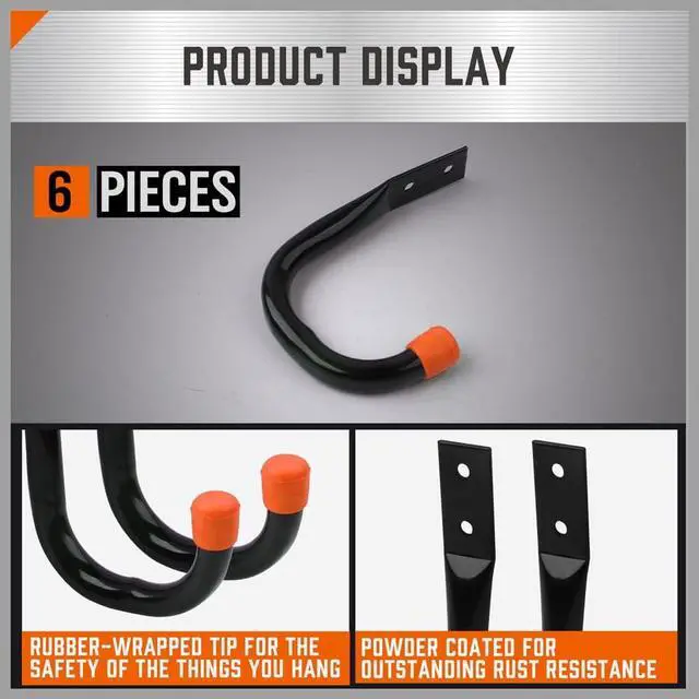 Alt view image 4 of 7 - HORUSDY 6-Pack Heavy Duty Metal Wall Hooks, Large Garage Storage & Organization Hooks for Tools, Extension Cords, Ladders, and Bags, Wall Mount J Hooks for Indoor Outdoor Use, Black