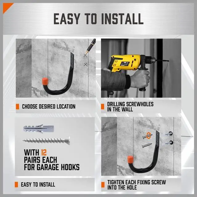 Alt view image 6 of 7 - HORUSDY 6-Pack Heavy Duty Metal Wall Hooks, Large Garage Storage & Organization Hooks for Tools, Extension Cords, Ladders, and Bags, Wall Mount J Hooks for Indoor Outdoor Use, Black