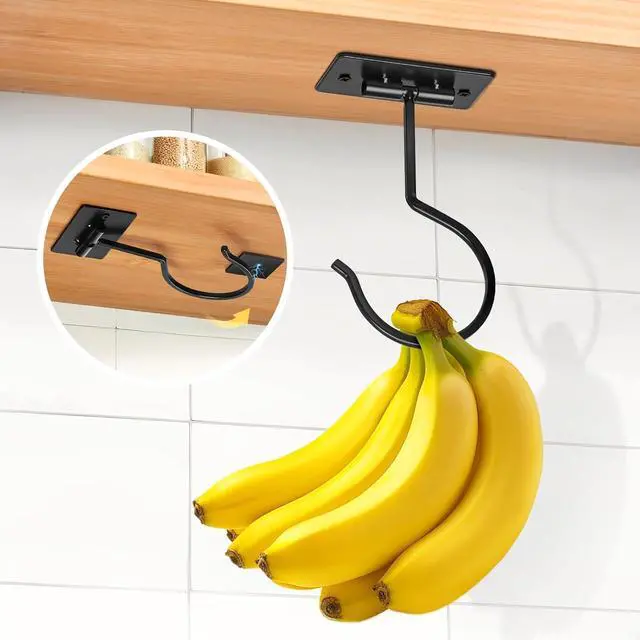 Main image of Self Adhesive Banana Hook Under Cabinet Foldable Banana Hanger | Black Metal Under Counter Banana Hook Holder to Keep Bananas Fresh Banana Holder for Kitchen RV Space Saving