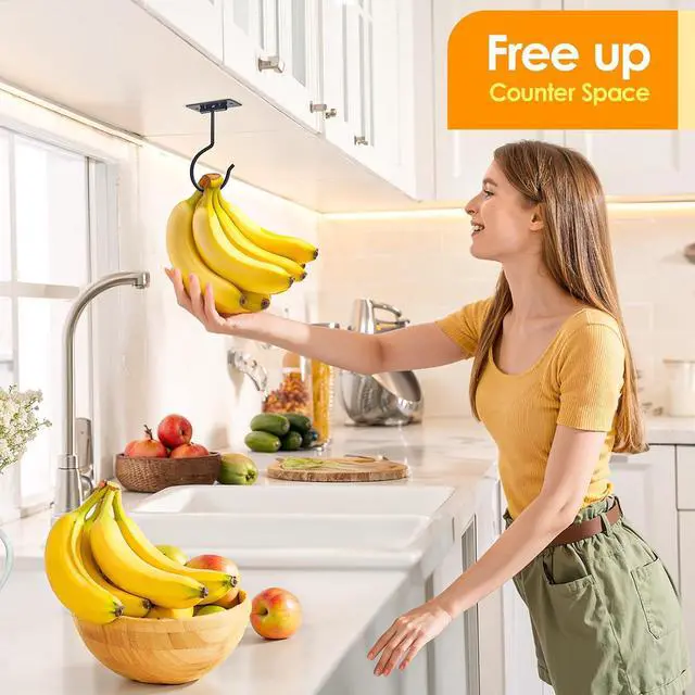 Alt view image 3 of 7 - Self Adhesive Banana Hook Under Cabinet Foldable Banana Hanger | Black Metal Under Counter Banana Hook Holder to Keep Bananas Fresh Banana Holder for Kitchen RV Space Saving