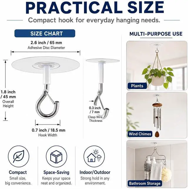 Alt view image 2 of 7 - Adhesive Ceiling Hooks with Safety Clasp, Stick-On Wall Hooks for Plants, Wind Chimes, Home Storage and Bathroom Decor