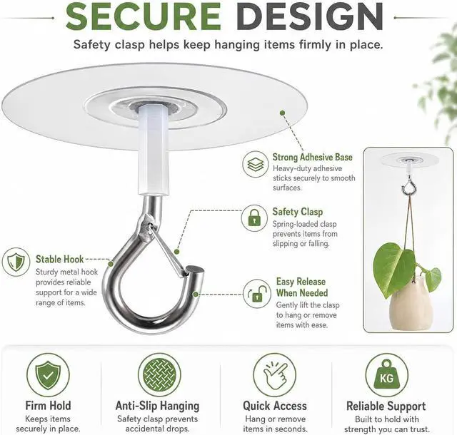 Alt view image 4 of 7 - Adhesive Ceiling Hooks with Safety Clasp, Stick-On Wall Hooks for Plants, Wind Chimes, Home Storage and Bathroom Decor