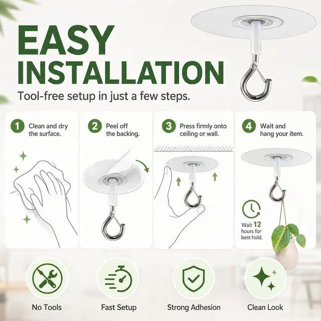Alt view image 5 of 7 - Adhesive Ceiling Hooks with Safety Clasp, Stick-On Wall Hooks for Plants, Wind Chimes, Home Storage and Bathroom Decor