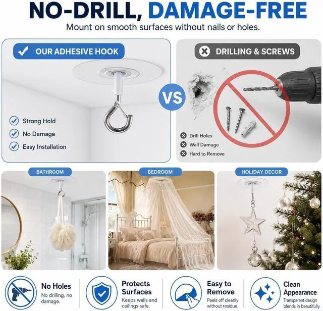 Alt view image 6 of 7 - Adhesive Ceiling Hooks with Safety Clasp, Stick-On Wall Hooks for Plants, Wind Chimes, Home Storage and Bathroom Decor