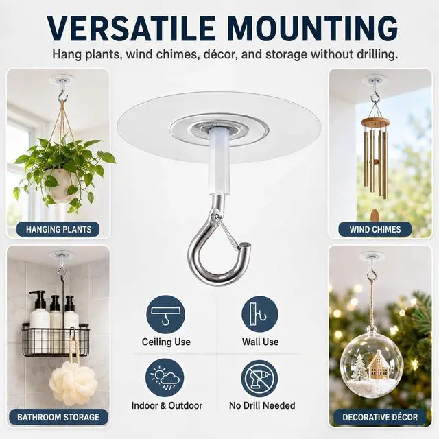 Alt view image 3 of 7 - Adhesive Ceiling Hooks with Safety Clasp, Stick-On Wall Hooks for Plants, Wind Chimes, Home Storage and Bathroom Decor