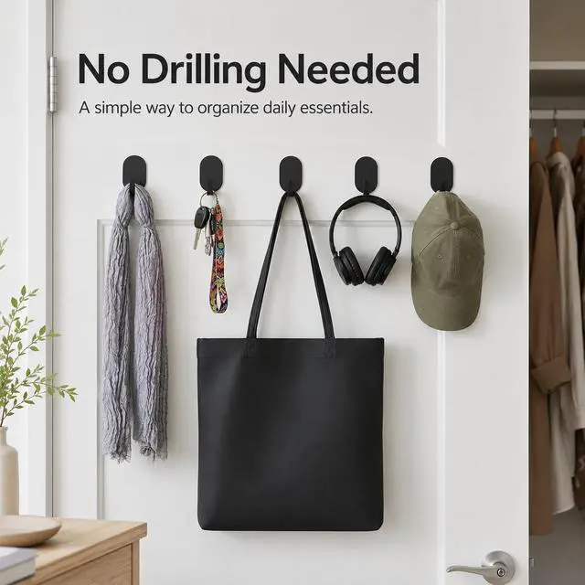 Alt view image 2 of 7 - Adhesive Wall Hooks for Hanging- 12 Pack No Drill Installation, Stainless Steel Removable Hooks for Bathroom Kitchen Office, Key Towel Coat Organizer, 5 lbs Weight Capacity(Black)