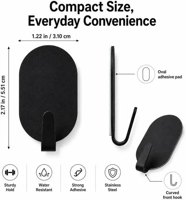 Alt view image 3 of 7 - Adhesive Wall Hooks for Hanging- 12 Pack No Drill Installation, Stainless Steel Removable Hooks for Bathroom Kitchen Office, Key Towel Coat Organizer, 5 lbs Weight Capacity(Black)
