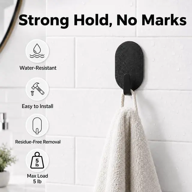 Alt view image 5 of 7 - Adhesive Wall Hooks for Hanging- 12 Pack No Drill Installation, Stainless Steel Removable Hooks for Bathroom Kitchen Office, Key Towel Coat Organizer, 5 lbs Weight Capacity(Black)