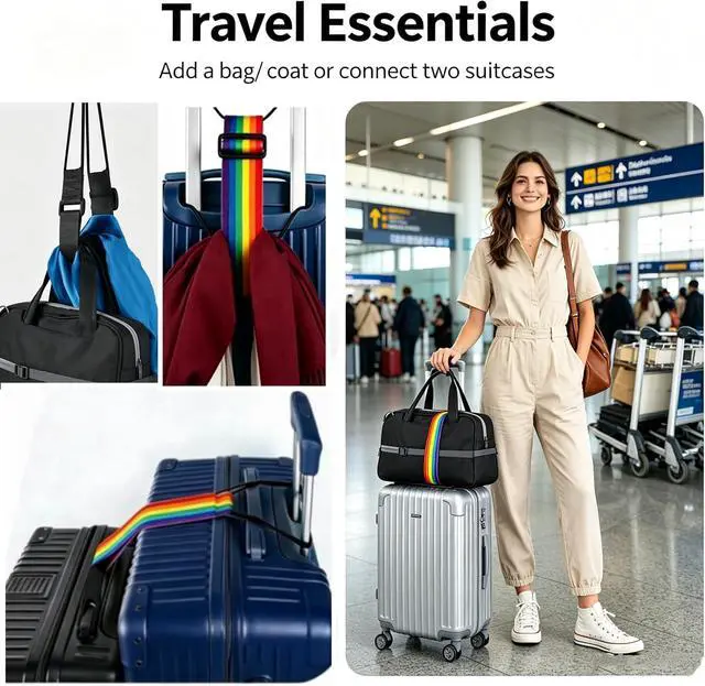 Alt view image 5 of 7 - Adjustable Luggage Straps, 2 Pack Rainbow Elastic Bungee Connector, Heavy Duty Travel Belt to Connect Two Suitcases, Secure Add-a-Bag Strap for Carry On, Cruise & Travel Essentials