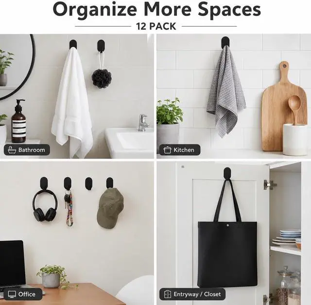 Alt view image 6 of 7 - Adhesive Wall Hooks for Hanging- 12 Pack No Drill Installation, Stainless Steel Removable Hooks for Bathroom Kitchen Office, Key Towel Coat Organizer, 5 lbs Weight Capacity(Black)