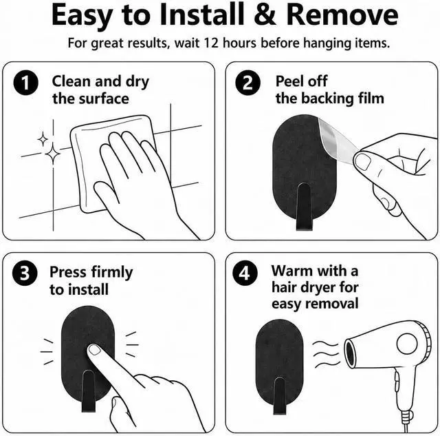 Alt view image 7 of 7 - Adhesive Wall Hooks for Hanging- 12 Pack No Drill Installation, Stainless Steel Removable Hooks for Bathroom Kitchen Office, Key Towel Coat Organizer, 5 lbs Weight Capacity(Black)