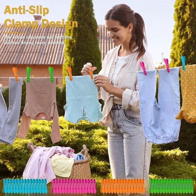 Alt view image 6 of 7 - 60 Pack Clothes Pins, Colored Plastic Clothespins, Strong Grip Laundry Clips, Non-Slip Washing Line Clips for Hanging Indoor & Outdoor Use, Durable and Lightweight