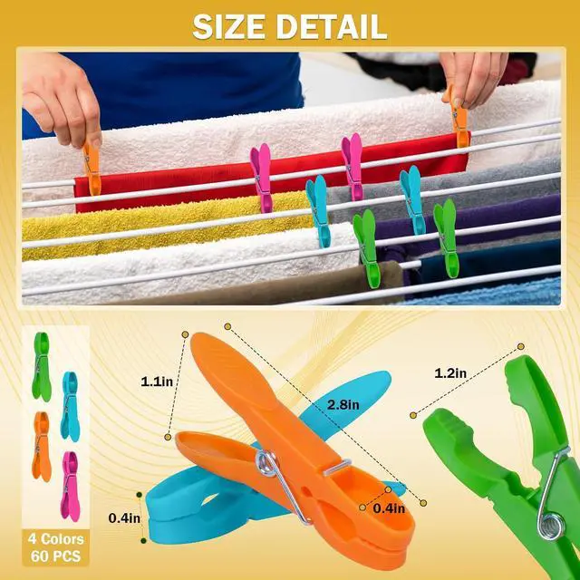 Alt view image 5 of 7 - 60 Pack Clothes Pins, Colored Plastic Clothespins, Strong Grip Laundry Clips, Non-Slip Washing Line Clips for Hanging Indoor & Outdoor Use, Durable and Lightweight