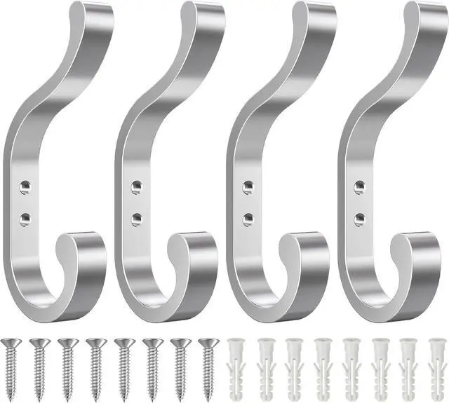 Main image of Coat Hooks Wall Mount,Heavy Duty Wall Hooks for Backpack,Towel,Silver 4 Pcs | Large Coat Hangers Holds 30LB, Metal Screw-In Hooks for Door, Closet, Bathroom, Clothes, Purse, Bag, Jacket, Robe