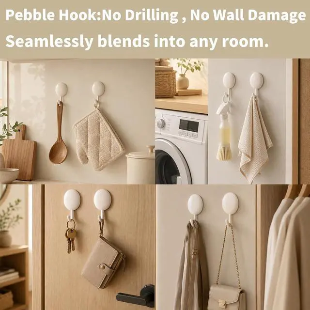 Alt view image 3 of 7 - Damage Free Adhesive Hooks for Hanging, 4 White Stick on Wall Hooks | No Drill Design Holds up to 4 lb for Towels, Keys, Bags and Pet Leashes in Bathrooms, Kitchens, Entryways and Bedrooms