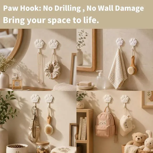 Alt view image 4 of 7 - Damage Free Adhesive Hooks for Hanging, 4 White Stick on Wall Hooks | No Drill Design Holds up to 4 lb for Towels, Keys, Bags and Pet Leashes in Bathrooms, Kitchens, Entryways and Bedrooms