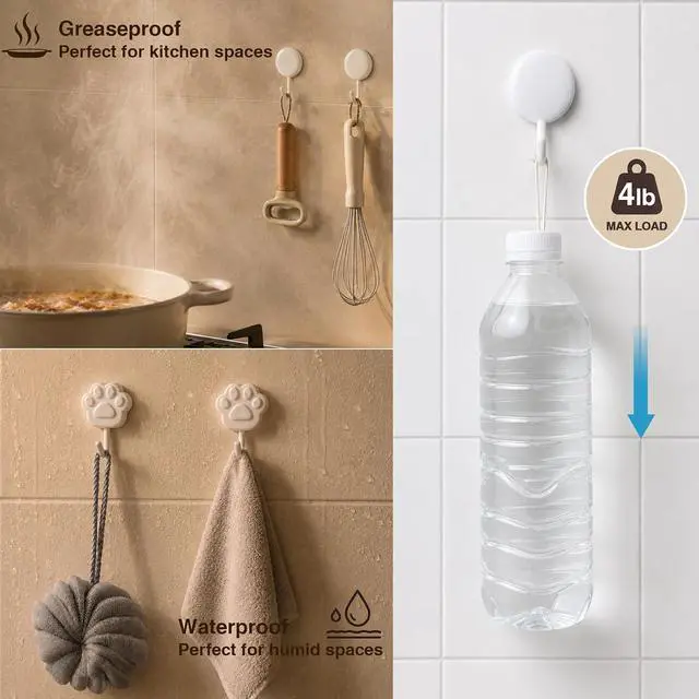 Alt view image 6 of 7 - Damage Free Adhesive Hooks for Hanging, 4 White Stick on Wall Hooks | No Drill Design Holds up to 4 lb for Towels, Keys, Bags and Pet Leashes in Bathrooms, Kitchens, Entryways and Bedrooms