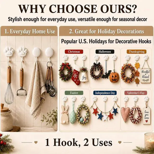 Alt view image 7 of 7 - Damage Free Adhesive Hooks for Hanging, 4 White Stick on Wall Hooks | No Drill Design Holds up to 4 lb for Towels, Keys, Bags and Pet Leashes in Bathrooms, Kitchens, Entryways and Bedrooms